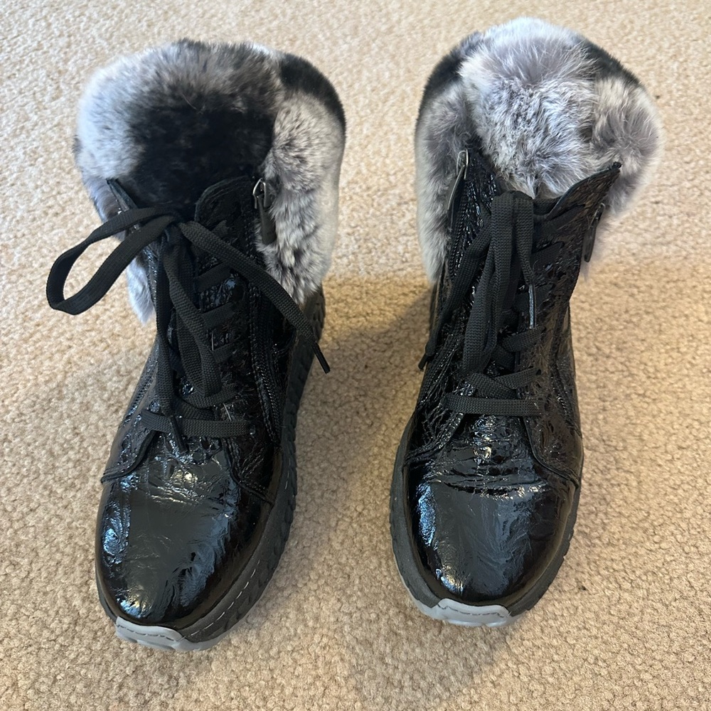 Turkish Women's Black Patent Lace-Up Winter Boots with Gray Faux Fur Trim
